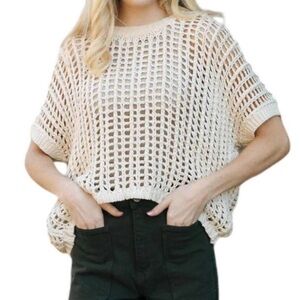 Aaron & Amber Cream Open Crochet Short Sleeve Sweater Sz Medium